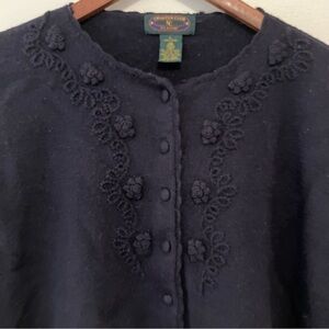 VTG Women’s Wool Navy Cardigan Sz. L Floral Bobble Crochet Scallop Hem Cottage
